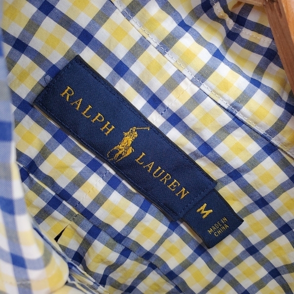 Ralph Lauren Dress Shirt Men M Check Plaid Windowpane Graph Blue Yellow Wht Logo - Picture 2 of 12